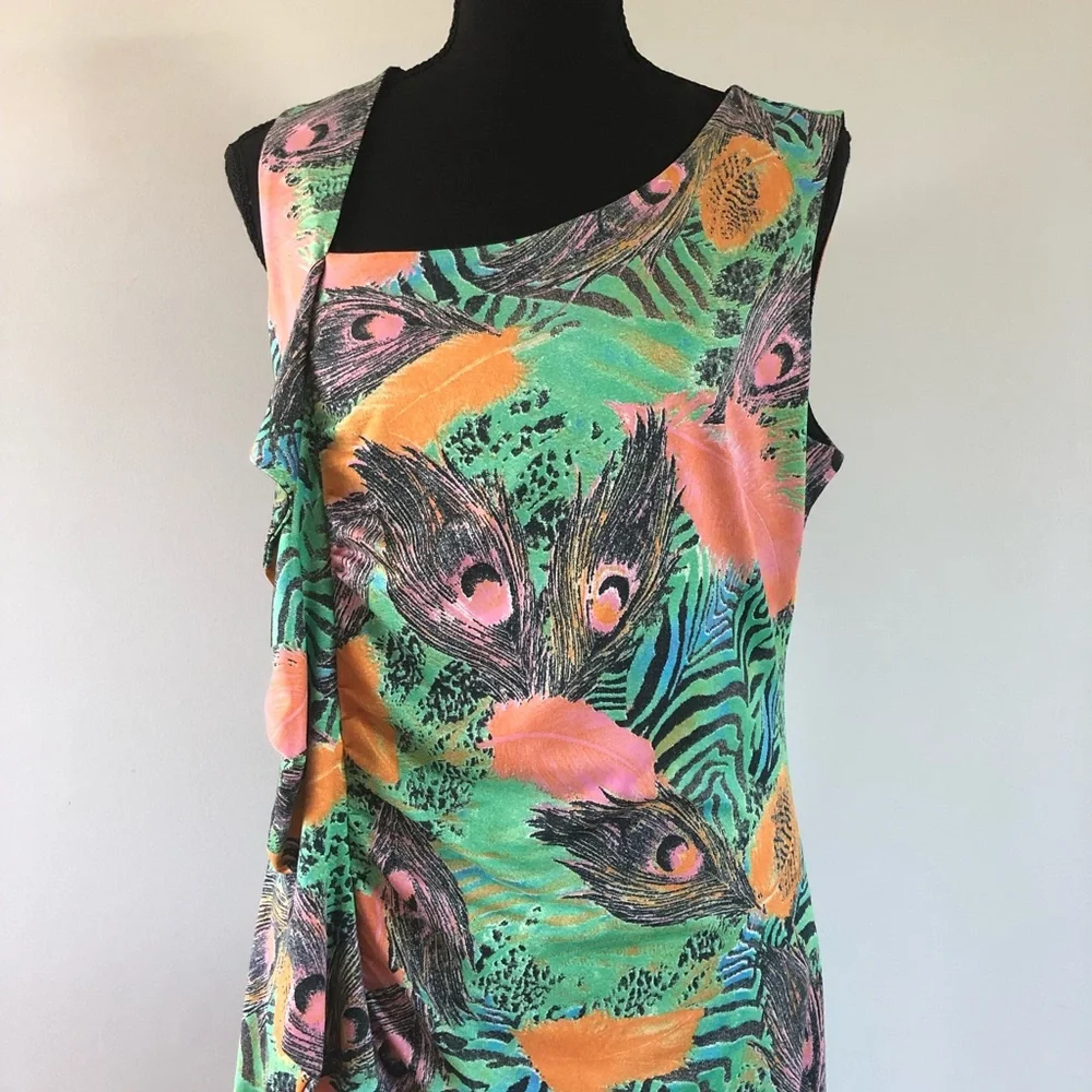 Women’s Tango Mango Tropical Ruffled front feathers & animal print dress size L - Picture 3 of 14